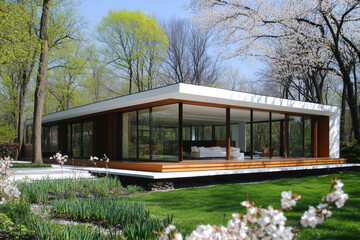 Fototapeta premium Modern White House With Wooden Trim and Floor-To-Ceiling Windows Surrounded by Greenery