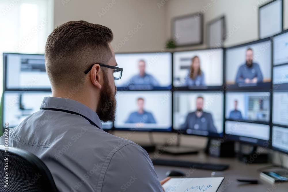 Poster a professional man analyzing data on multiple screens in a modern office, focusing on productivity a