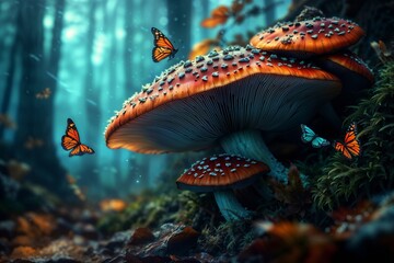 Enchanting Forest Scene With Vibrant Mushrooms and Butterflies in Natural Habitat