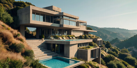 Fototapeta premium futuristic brutalist villa building in the hill, created by generative ai