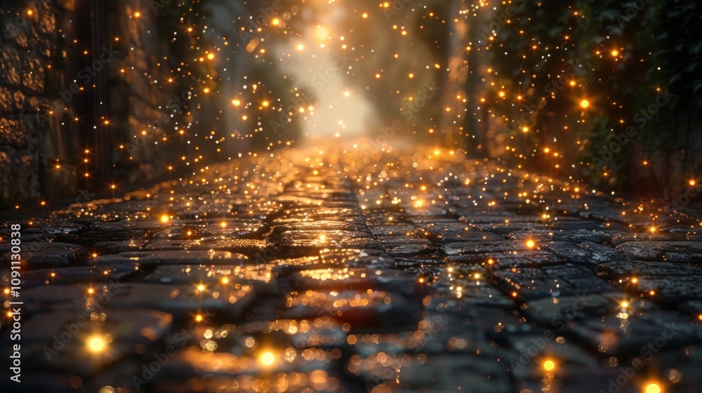 Aufkleber a cobblestone path illuminated by glowing particles in a misty setting.