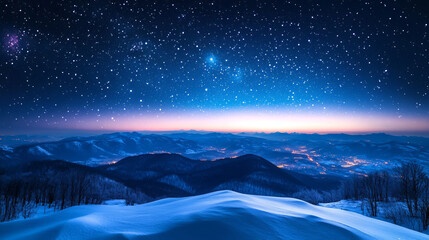 Winter Mountain Landscape with Starry Night Sky Snowy Peaks Forest and City Lights