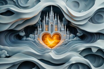 Surreal Fantasy Castle With Glowing Heart Center Amid Whimsical Abstract Clouds