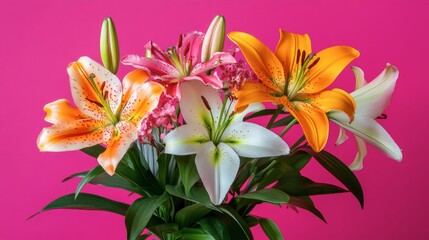 Exquisite Arrangement of Colorful Lilies and Blooms Against a Vibrant Pink Background for Floral Design, Decoration, and Nature Themed Projects