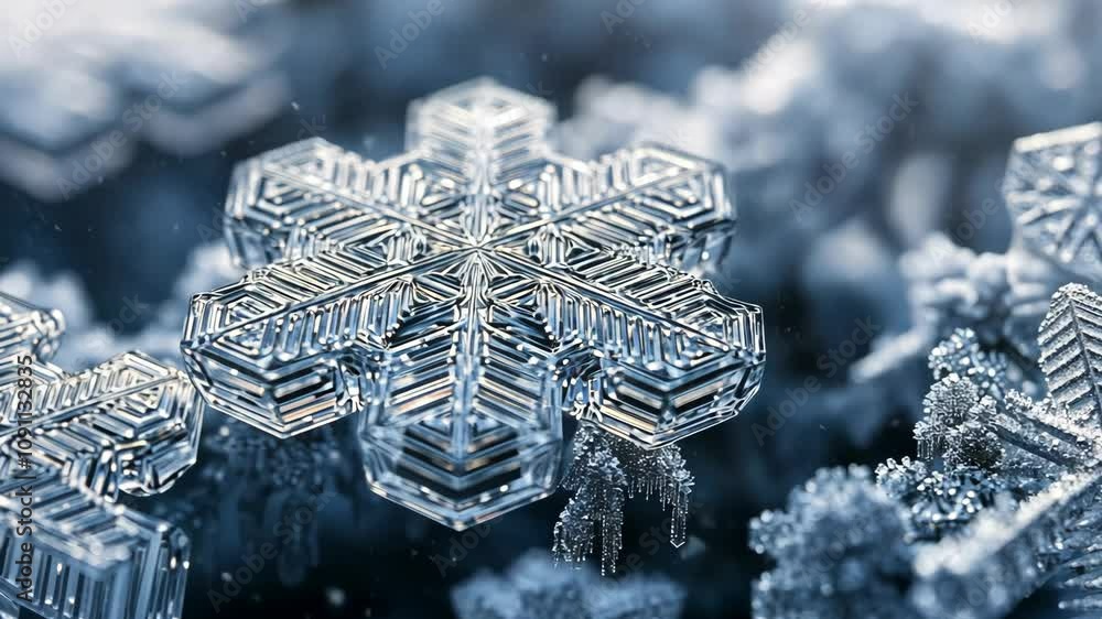 Poster snowflakes arranged in a perfect hexagonal grid, each flake detailed with sharp, geometric precision