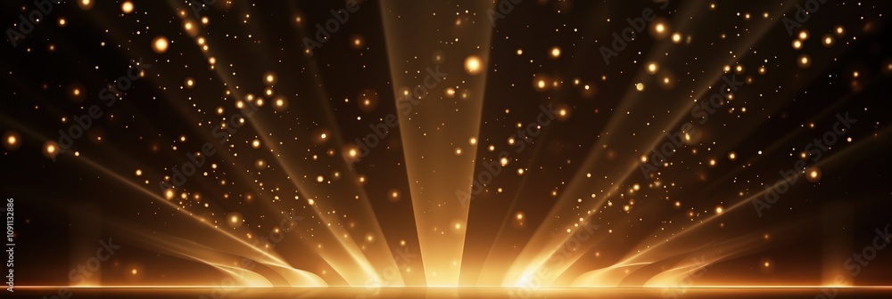 Poster glimmering gold abstract background with radiant light beams and sparkling particles for creative de