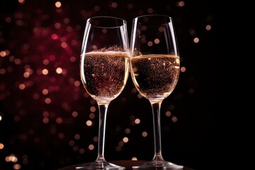 A pair of wine glasses clinking together in celebration, one with a vibrant sparkling wine and the other with a deep, rich red, with a subtle sparkle effect, isolated on white background 