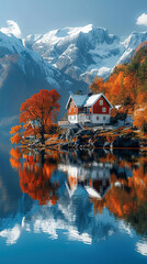 Scenic Mountain Home with Autumn Foliage and Reflection in Still Lake