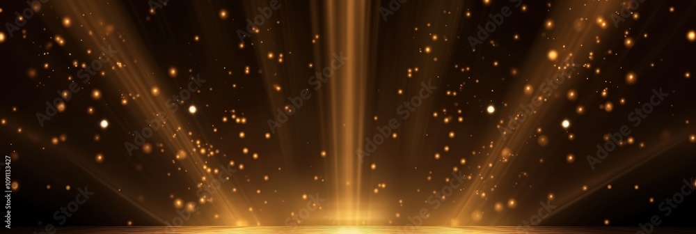 Poster golden abstract background with bright rays and sparkling particles creating a dynamic and glowing a