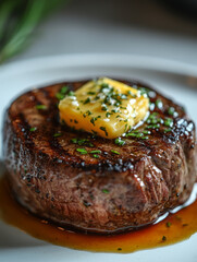 Grilled steak with butter and herbs on a plate.