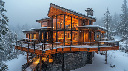 Modern Cabin in Snowy Forest Winter Wonderland Architecture