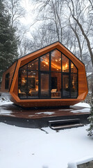 Modern Cabin in Snowy Winter Landscape with Large Windows