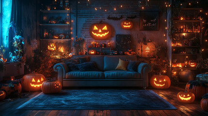 Cozy Halloween Living Room with Jack O Lanterns and Decor