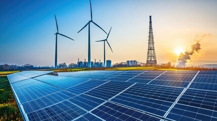 Beautiful Renewable Energy Landscape Featuring Solar Panels, Wind Turbines, Communication Tower, and Industrial Factories at Sunset in an Eco-Friendly Environment