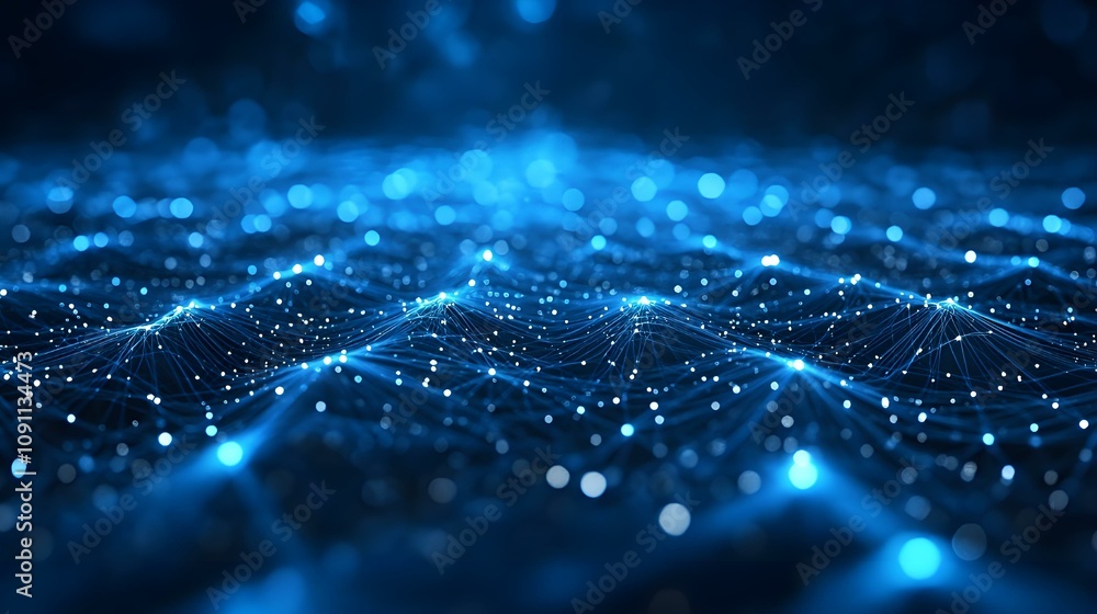 Poster blue dot line links extend undulating technical background