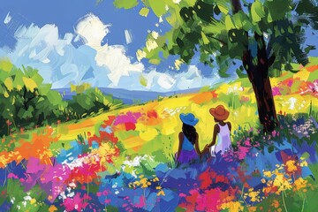 Two women in wide-brimmed hats sitting in colorful meadow, surrounded by vibrant flowers and scenic countryside, embracing tranquility, nature, and a moment of serene beauty under bright sky.