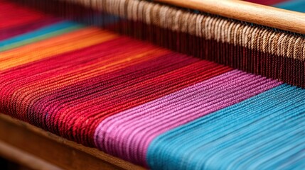 Weaving colorful textiles artisan workshop craft process indoor setting close-up view artisanal tradition