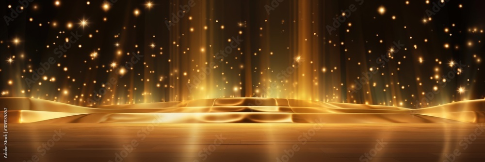 Poster elegant golden stage background with sparkling lights and soft glow for dramatic visual presentation