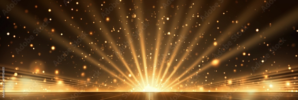 Poster elegant golden stage background with radiant rays and sparkling particles creating a magical atmosph
