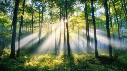 Obraz premium A peaceful early morning in a forest, with sunlight streaming through the trees and illuminating mist in the air.