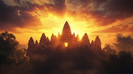 A peaceful summer sunset behind an ancient temple, with the warm golden light illuminating the stone structure.