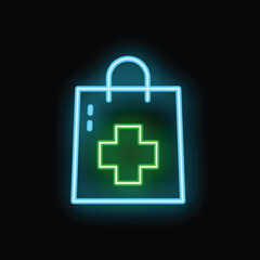Fototapeta premium Pharmacy logo in the form of a neon shopping bag, glowing on a black background