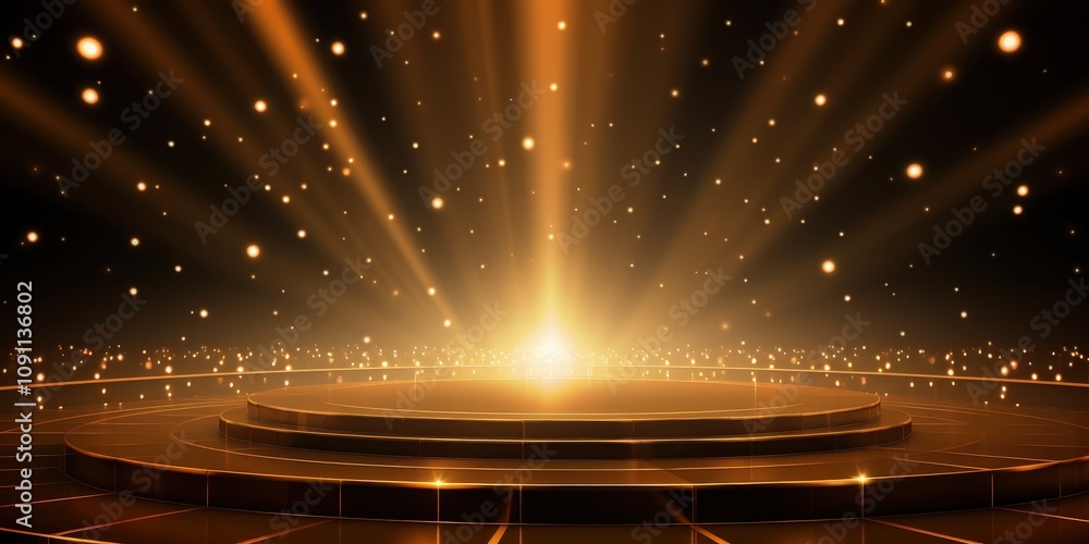 Poster elegant golden stage background with bright light rays illuminating a circular platform and sparklin