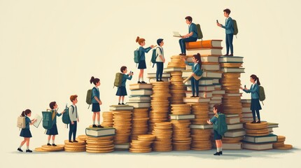 The Price of Knowledge: Miniature Figures on Piles of Coins and Books Depicting Financial Challenges in Pursuing Education.






