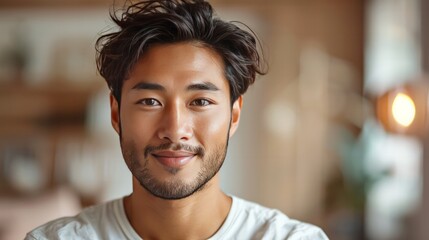Obraz premium Smiling young man in cozy cafe portrait photography warm environment personal connection lifestyle concept