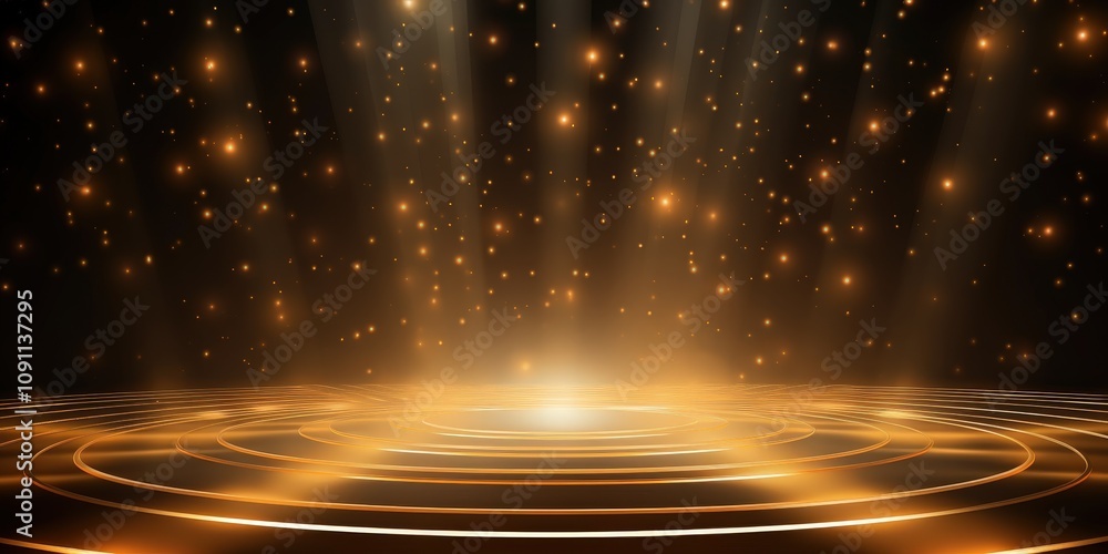 Poster elegant golden stage background with soft light rays and shimmering particles, perfect for event sho