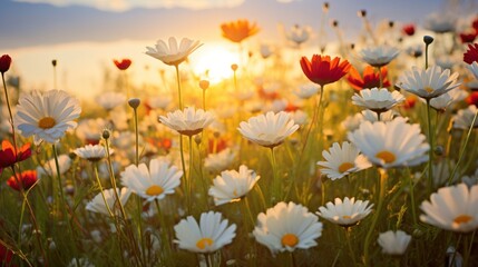 Obraz premium A serene field of daisies and poppies under soft sunlight, showcasing a gentle gradient of white, red, and green hues in a peaceful natural setting 