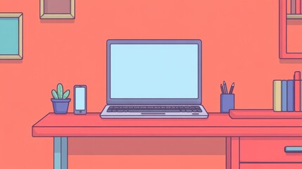 Stylish and Modern Workspace with Computer, Smartphone, and Potted Plant on Vibrant Background for Creative and Productive Environment