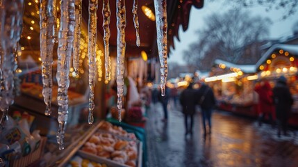 Naklejka premium Winter market scene with icicles and festive lights.