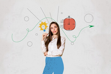 Composite photo collage of minded businesswoman hold glasses light bulb idea thinking arrow success...