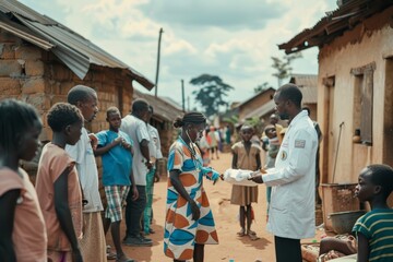 Doctor providing medical assistance woman in vibrant dress in African village, surrounded by children villagers, healthcare accessibility dedication to improving public health in underserved areas.