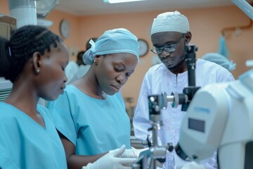 African medical team utilizing advanced robotic equipment for surgical procedure, displaying collaboration focus in high-tech healthcare, cutting-edge surgical techniques professional skill.