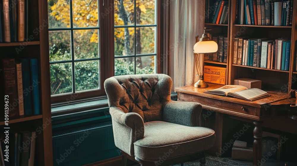 Poster a reading table by the window with an assortment of books, a cozy chair, and a warm desk lamp, creat
