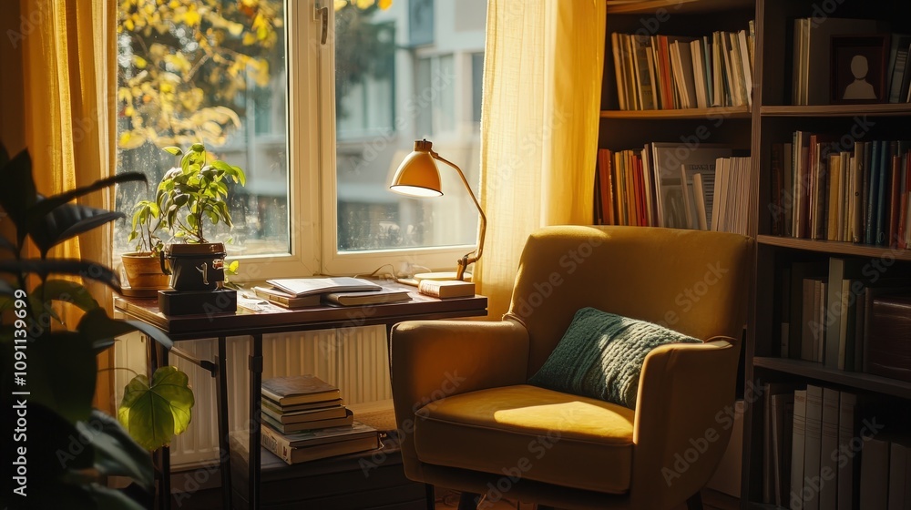 Poster a reading table by the window with an assortment of books, a cozy chair, and a warm desk lamp, creat