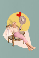 Vertical photo collage of happy old woman hold mirror egoist heart icon packages consumerism love...