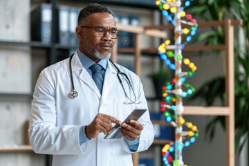 African male doctor in lab coat, analyzing data on a digital device with a DNA model in the background. Highlights the integration of genetics and technology in medical research.