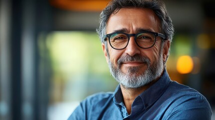 Obraz premium Portrait of a Smiling Man with Graying Hair and Glasses, Wearing a Blue Shirt, in a Blurred Background