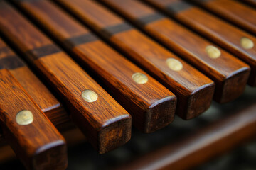 Close-up of a traditional wooden xylophone with rich brown tones and brass accents, showcasing its musical craftsmanship.