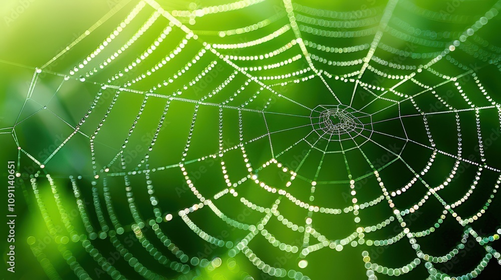 Poster spider web detailed with morning dew against a lush green background. dew droplets create mesmerizin