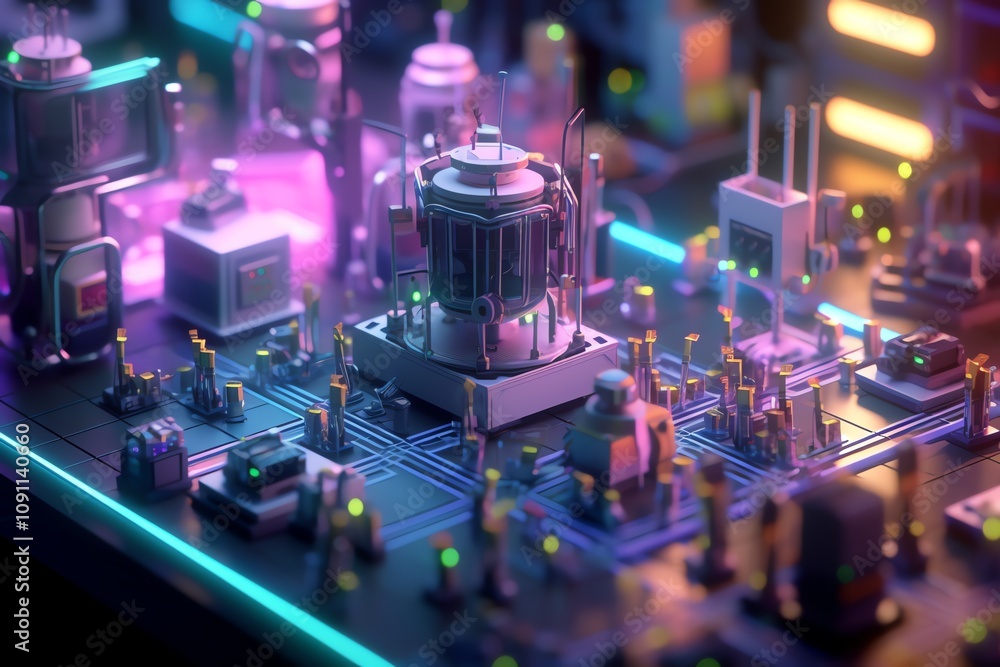 Poster futuristic cyberpunk-style miniature tech laboratory with glowing neon details on a circuit board.