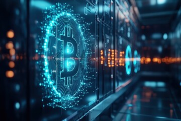 Digital representation of cryptocurrency technology in a futuristic server room