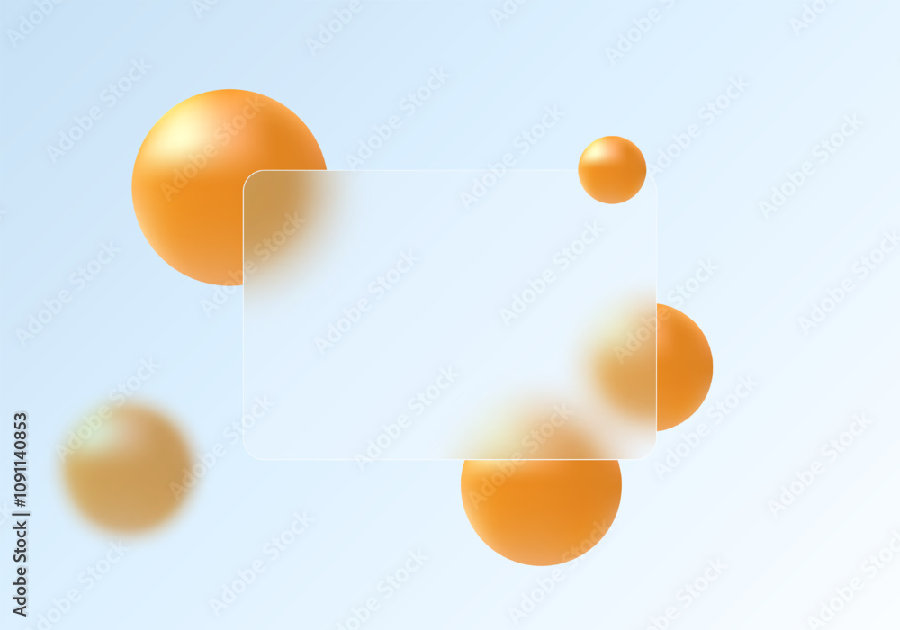 Poster glass morphism website landing page template. frosted glass partition with floating spheres.