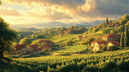 Obraz premium Scenic countryside featuring rolling hills, lush vineyards, and quaint traditional houses.