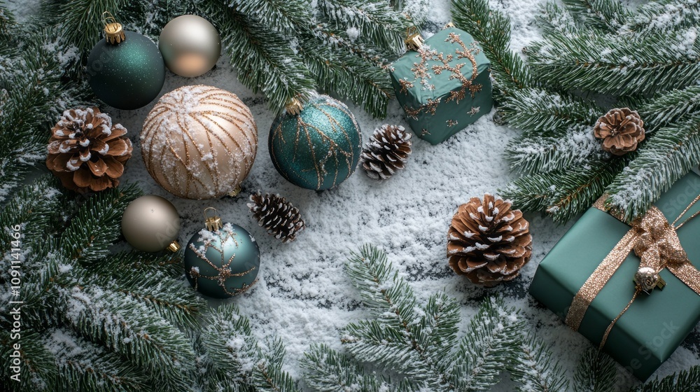 Poster a green box with a bow on top sits on a snowy ground next to a bunch of christma