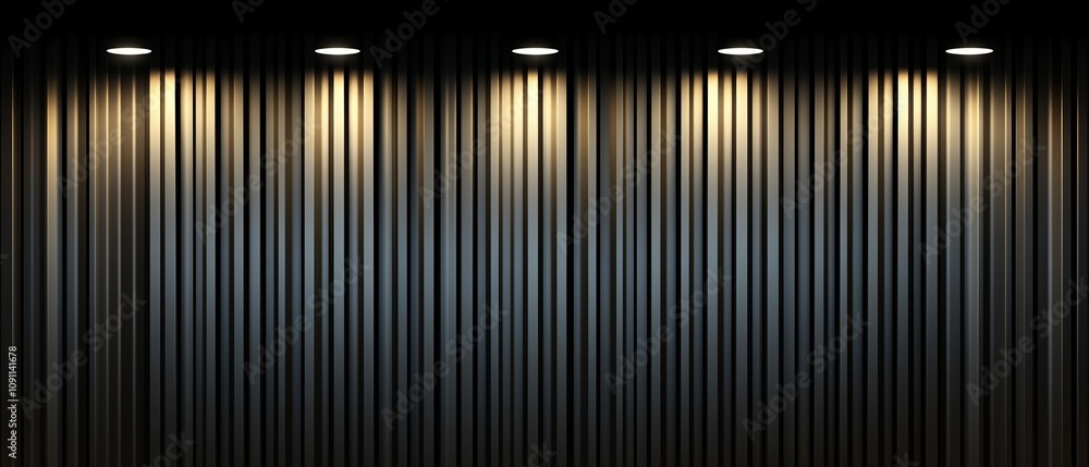 Poster black and white image of a row of lights. the lights are evenly spaced and are lit up. the image has