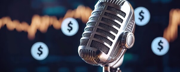 Microphone with financial symbols on a digital backdrop, isolated background.